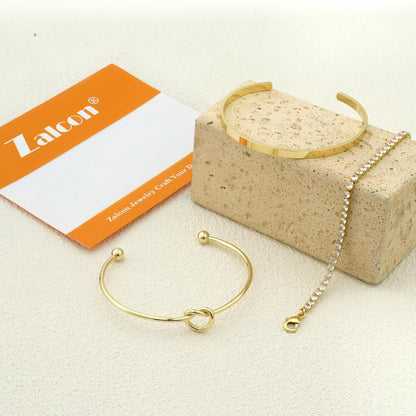 Set de Pulseras para Mujer – Brazalete Dorado Tipo Cuff con Nudo + Pulsera Tennis con Zirconias, Baño de Oro 14K, Antidesgaste, Elegante y de Moda