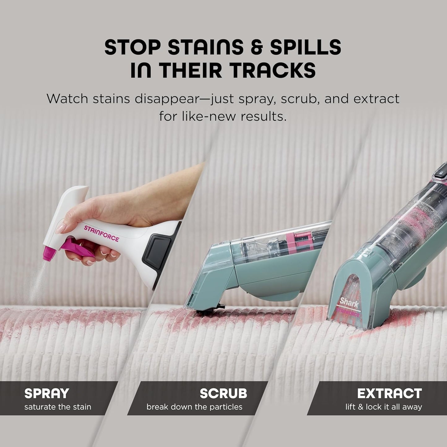Shark StainForce HX101 Limpiador Portátil Inalámbrico de Manchas y Olores | Succión Potente, Fórmula 30x Más Eficaz, Alfombras, Tapizados, Escaleras, Incluye Caddy y Solución de Limpieza