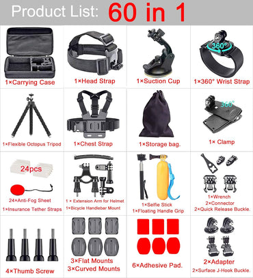 Kit de Accesorios 60-en-1 para Cámara de Acción — Compatible con GoPro Hero 13/12/11/10/9/8/7/6/5/Session 5/Hero 4/3+/3/2/1, GoPro Max/Fusion, Insta360, DJI Osmo Action, AKASO, APEMAN, Campark, SJCAM