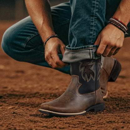 Botas vaqueras para hombre | Punta cuadrada | Botas occidentales con eje de malla transpirable | Botas de campo resistentes