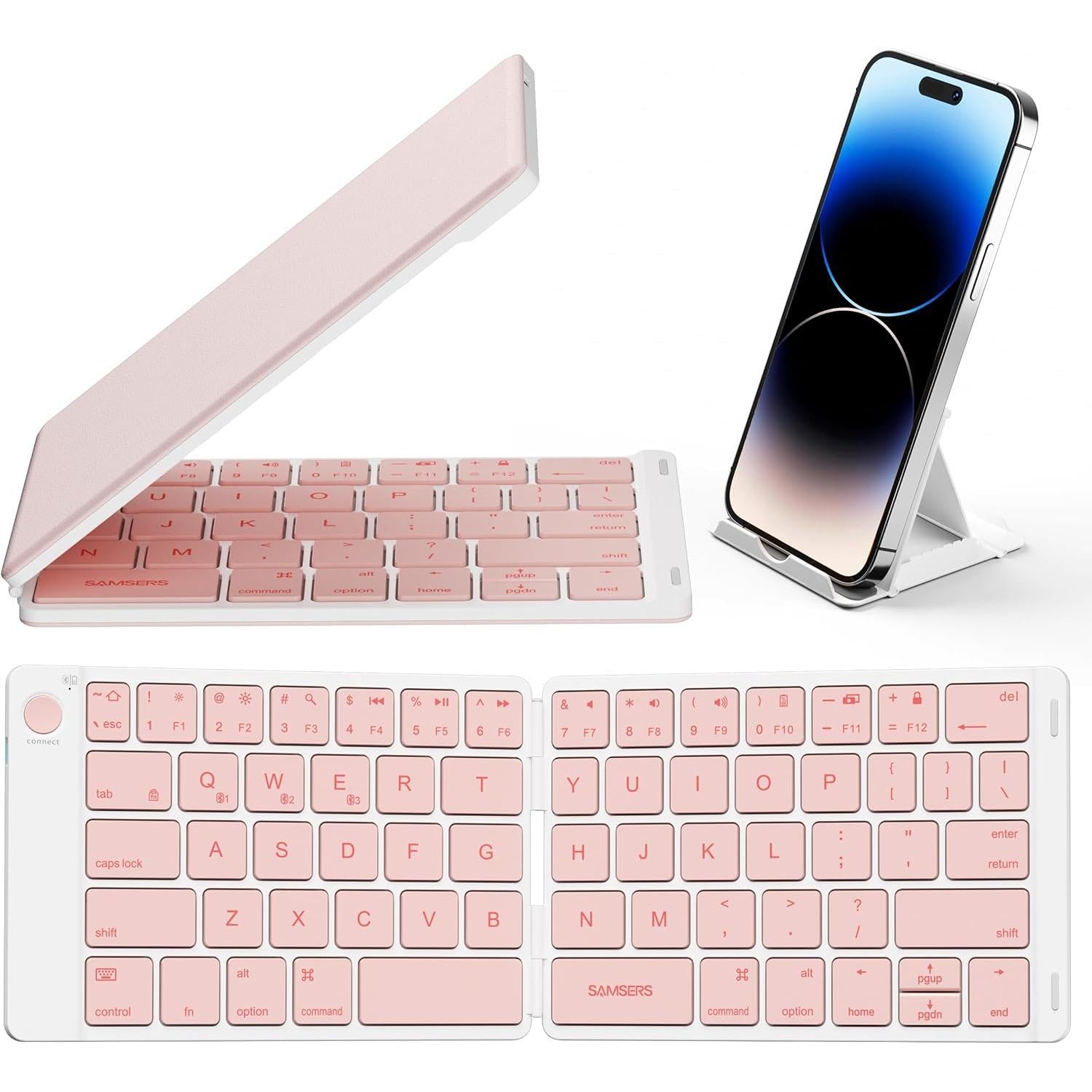 Teclado plegable Bluetooth | Tamaño completo | Ultra delgado Recargable | Conecta iOS, Android, Windows, teléfono | Color: Rosa
