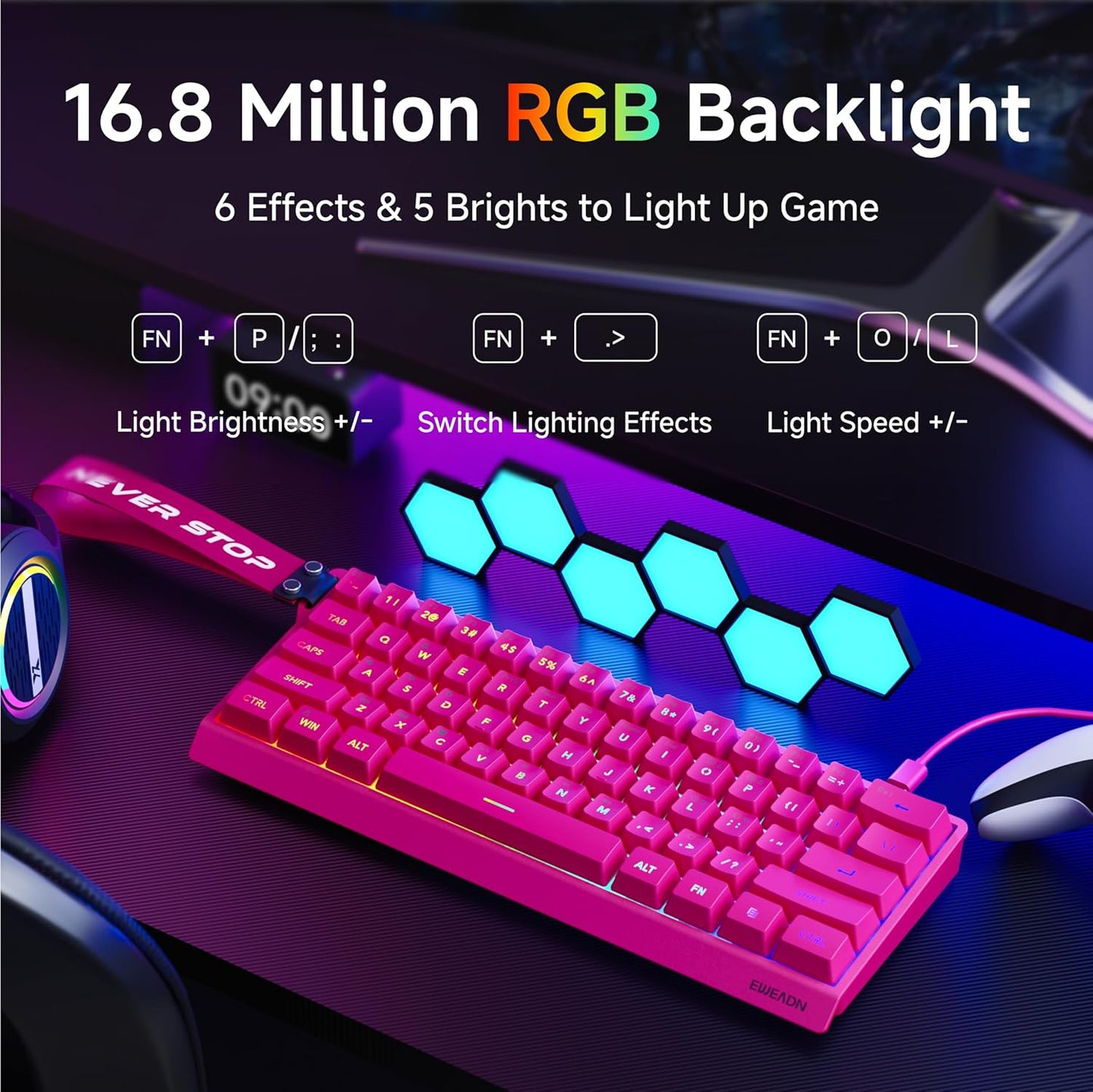 Teclado con cable al 60% | Retroiluminado RGB | Con teclas PBT | Diseño compacto | Con cable con cordón para Mac/Win | Color: Fucsia