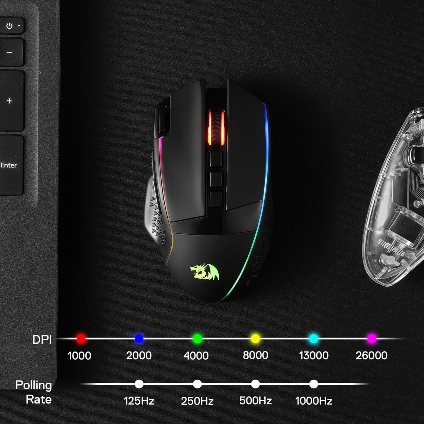 Redragon M991 – Mouse Gaming Inalámbrico, 26,000 DPI, 3 Modos de Conexión, 9 Botones Macro, Rapid Fire, RGB