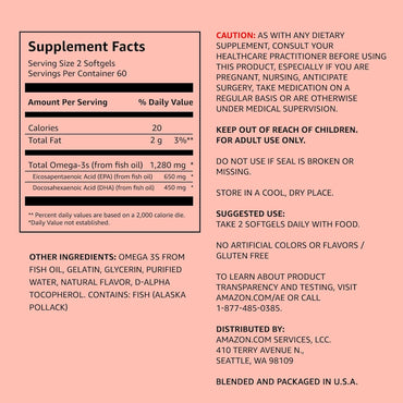 Super Omega-3, Ácidos Grasos EPA & DHA – 1280mg por Porción (2 Cápsulas Blandas), Sabor Limón Natural, 120 Cápsulas (Suministro para 2 Meses)