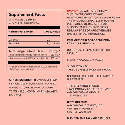Super Omega-3, Ácidos Grasos EPA & DHA – 1280mg por Porción (2 Cápsulas Blandas), Sabor Limón Natural, 120 Cápsulas (Suministro para 2 Meses)