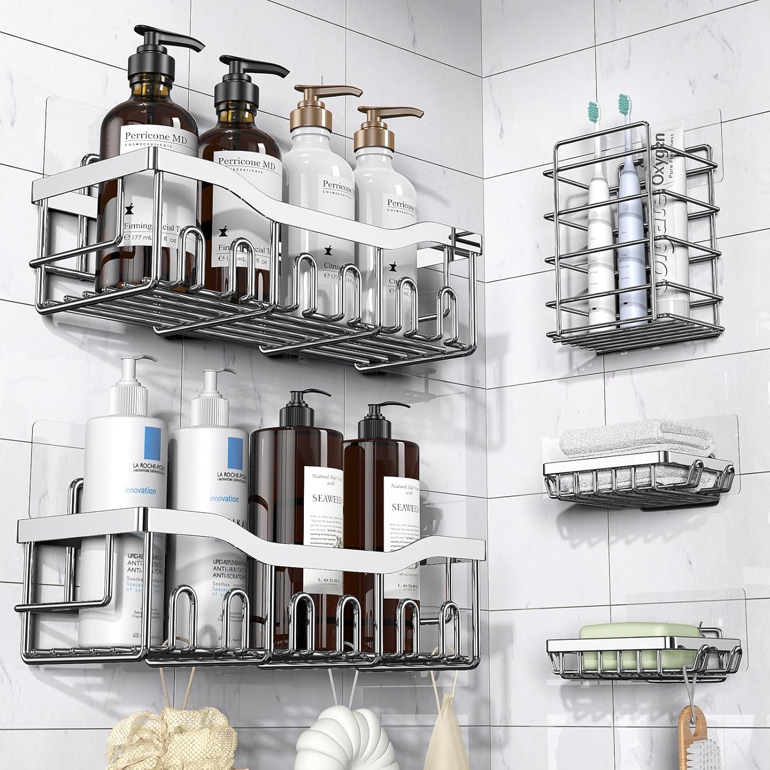 Organizador de Ducha Adhesivo 5 en 1, Estantes de Acero Inoxidable Antióxido XL, Sin Taladro, con Porta Jabón y Porta Cepillos de Dientes