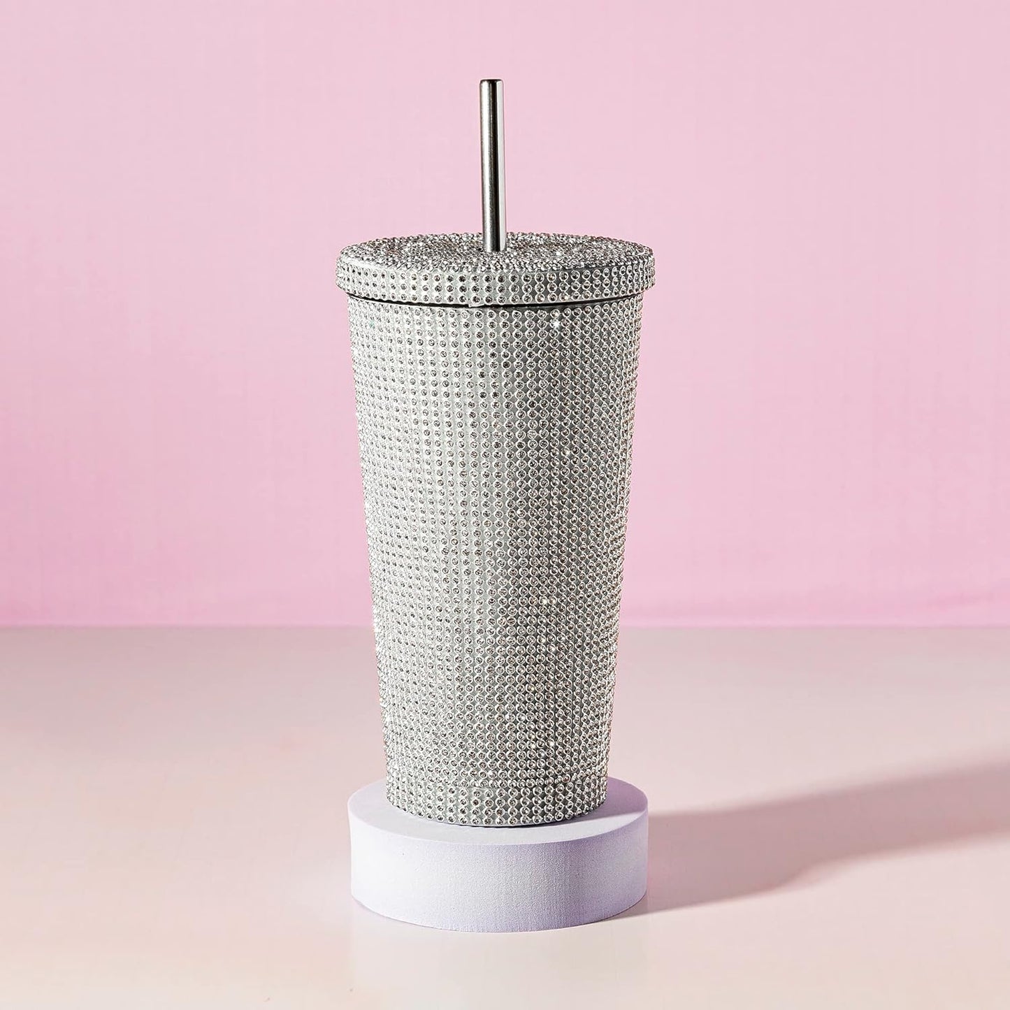 Original Paris Hilton Diamond Bling | Vaso de agua con tapa y popote | Acero inoxidable aislado al vacío | 3700 diamantes de imitación | 500 ml | Color: plateado