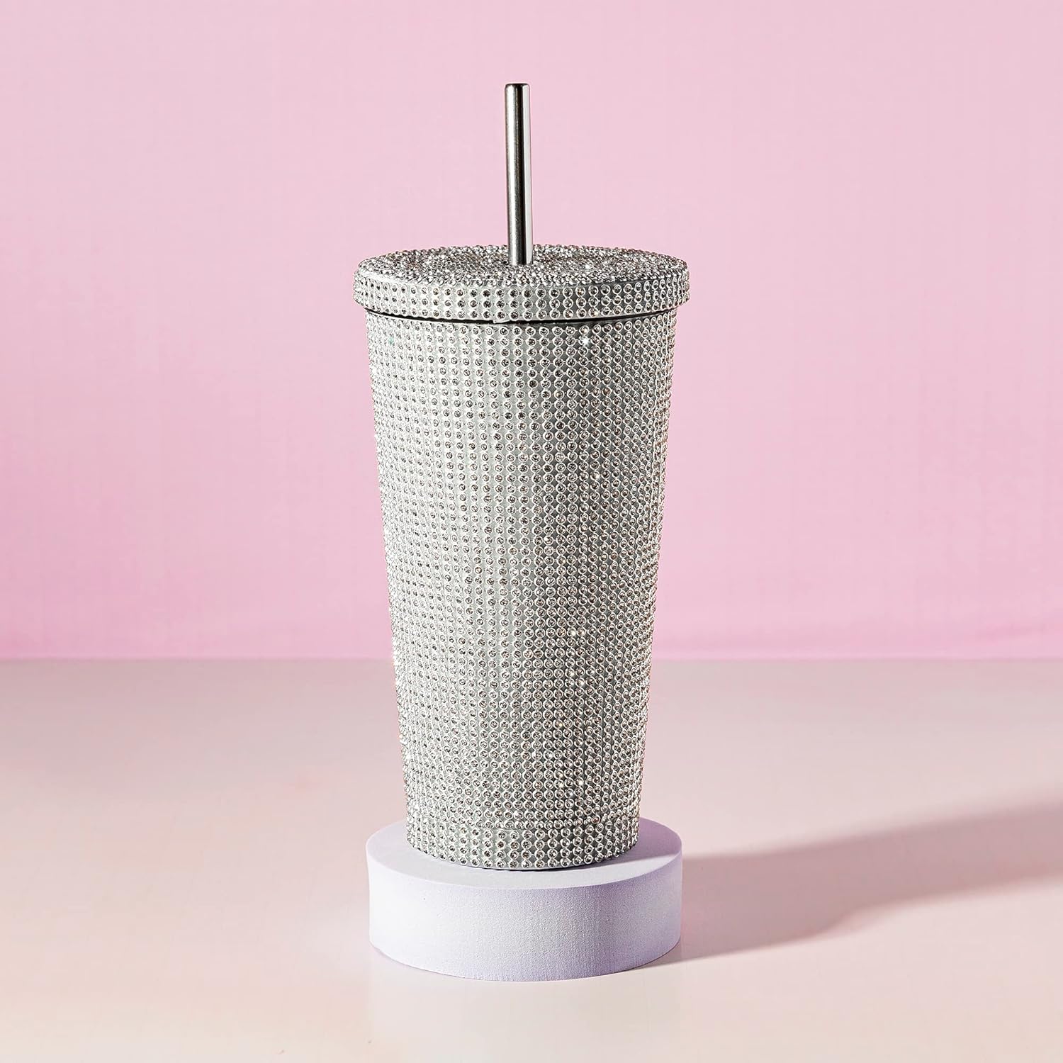 Original Paris Hilton Diamond Bling | Vaso de agua con tapa y popote | Acero inoxidable aislado al vacío | 3700 diamantes de imitación | 500 ml | Color: plateado