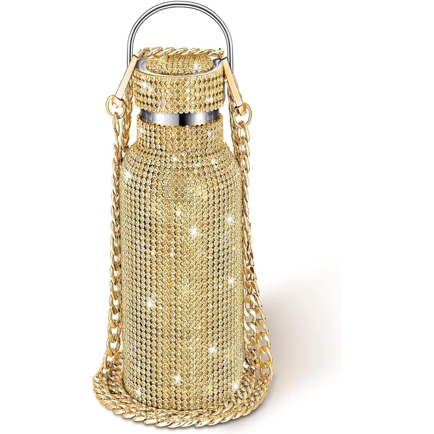 Botella térmica con Glitter de imitación con tapa | 750 ml | Aislado de acero inoxidable con diamantes de imitación de primera calidad | Color: Dorado