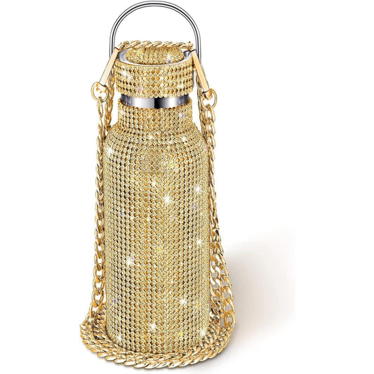 Botella térmica con Glitter de imitación con tapa | 750 ml | Aislado de acero inoxidable con diamantes de imitación de primera calidad | Color: Dorado