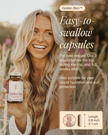 Suplemento bronceado Golden Skin para mujeres y hombres | Potentes píldoras bronceadoras con betacaroteno, luteína y L-tirosina para la salud de la piel | Suplemento antioxidante natural y vitaminas