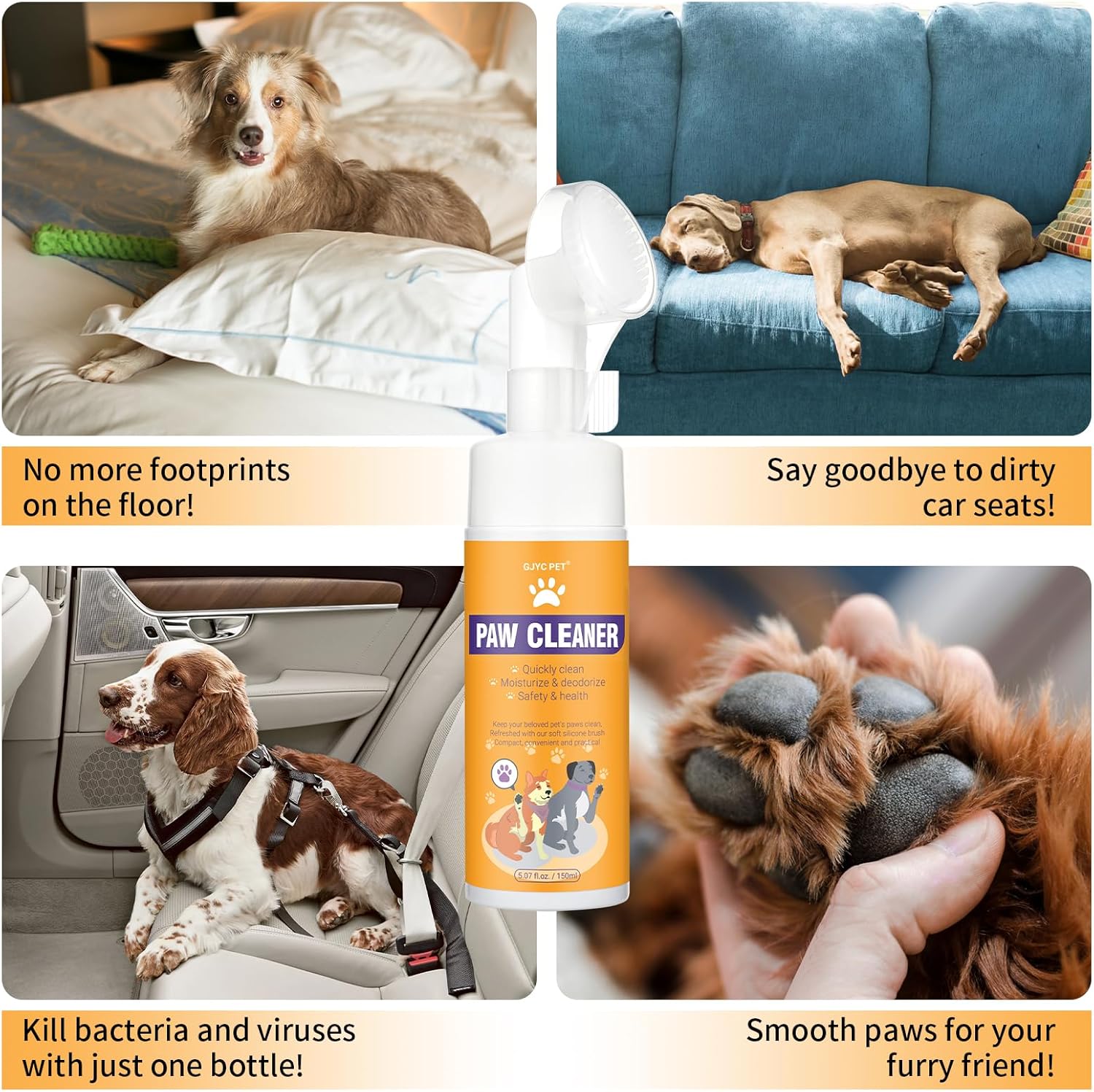 Limpiador de Patas para Perros y Gatos | Espuma Sin Enjuague con Cepillo de Silicona Integrado | 150 ml