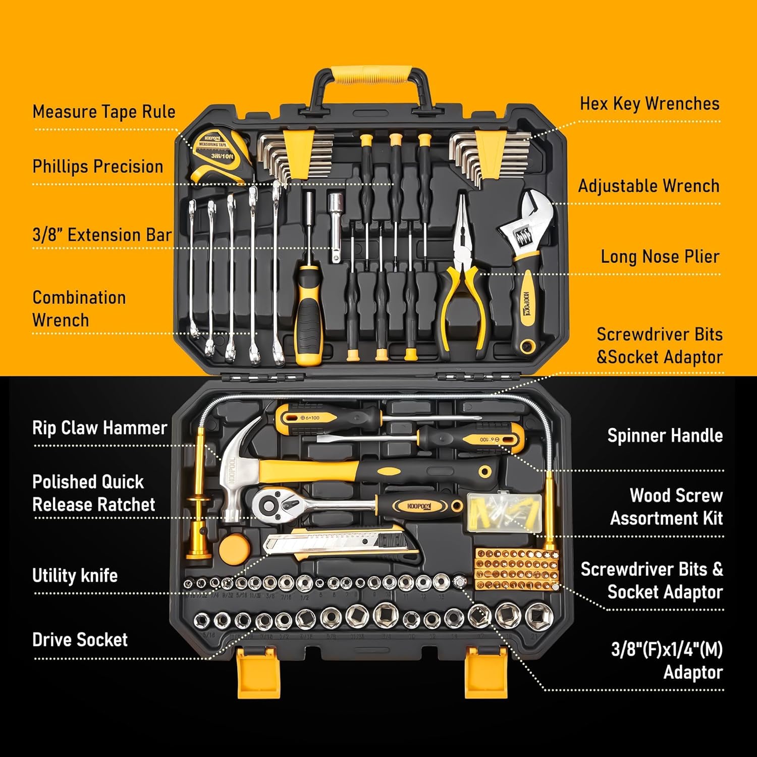 Set de Herramientas 159 Piezas KOOPOOL, Kit Completo con Caja Organizadora Plástica, Herramientas Manuales para Hogar, Auto y Reparaciones Generales