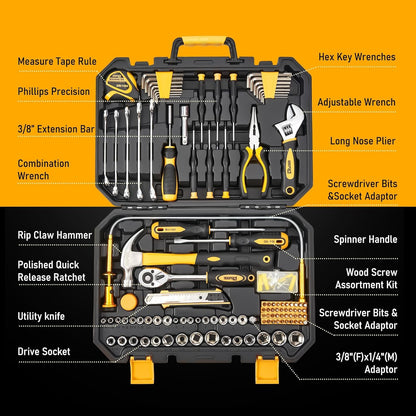 Set de Herramientas 159 Piezas KOOPOOL, Kit Completo con Caja Organizadora Plástica, Herramientas Manuales para Hogar, Auto y Reparaciones Generales