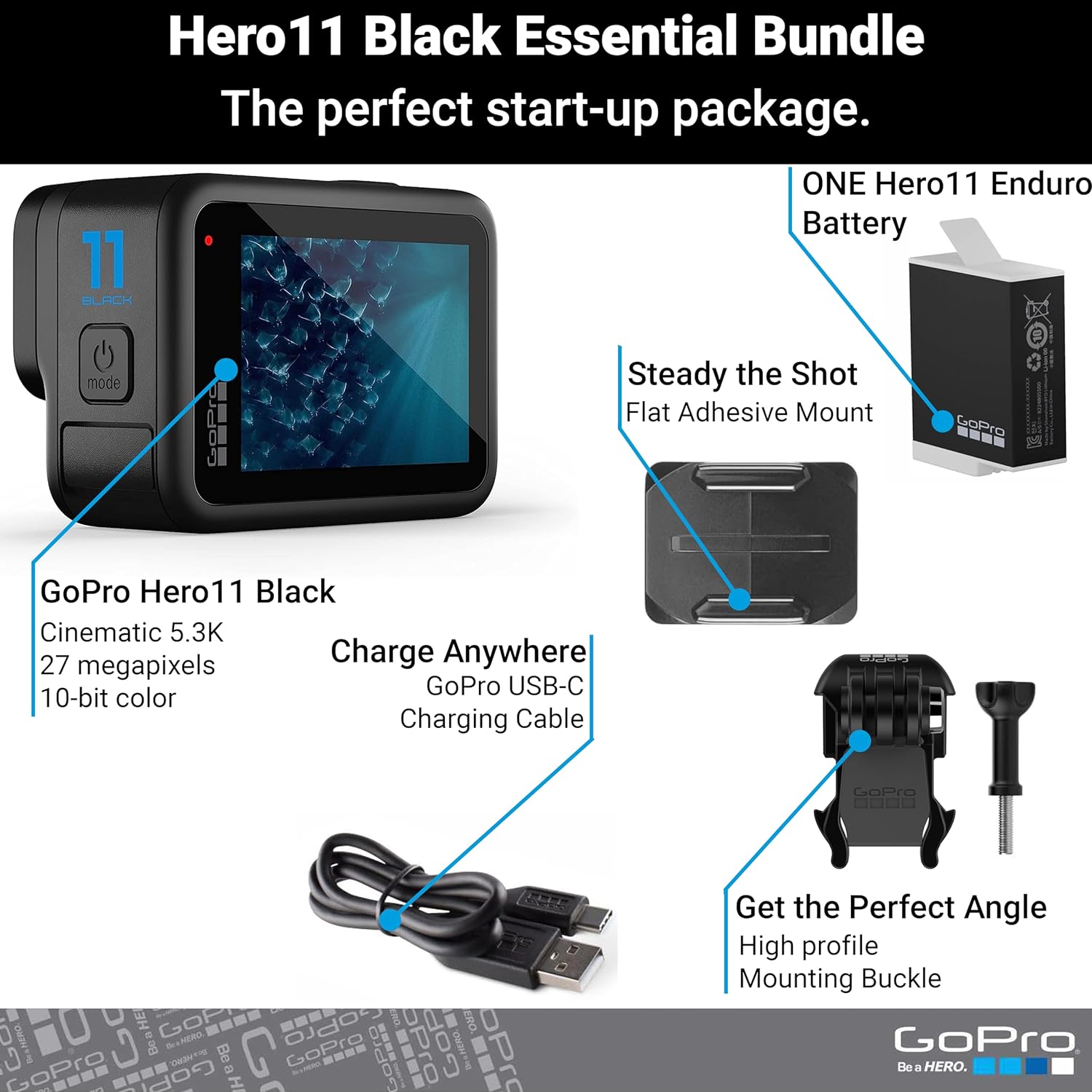 GoPro HERO11 Black – Cámara de acción 5.3K con sensor de 1/1.9", 27MP, HyperSmooth 5.0, transmisiones en vivo y resistencia al agua