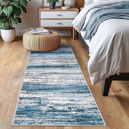 Alfombra de pasillo moderna y lavable | Diseño abstracto | Antideslizante y suave | Estampado a rayas azul