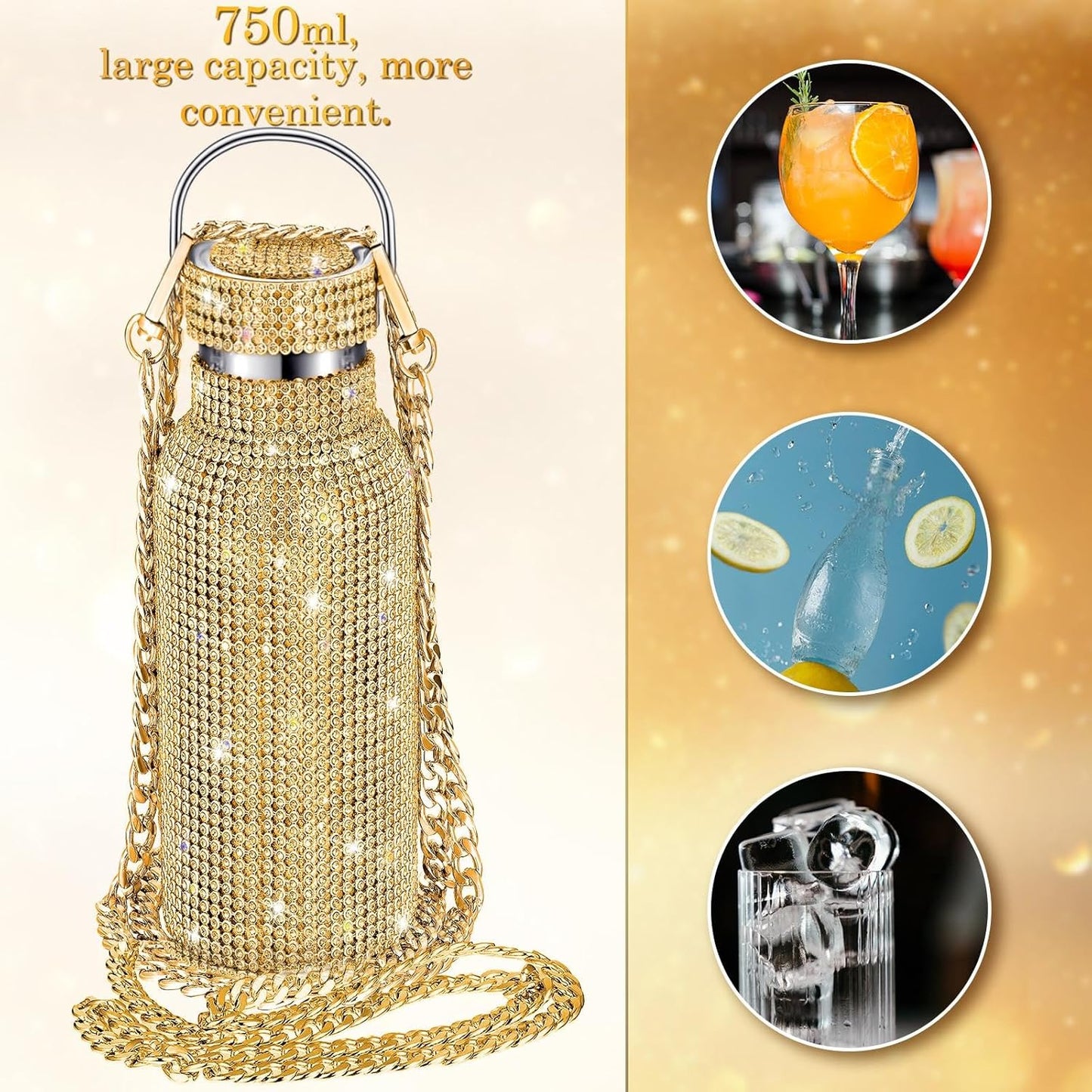 Botella térmica con Glitter de imitación con tapa | 750 ml | Aislado de acero inoxidable con diamantes de imitación de primera calidad | Color: Dorado