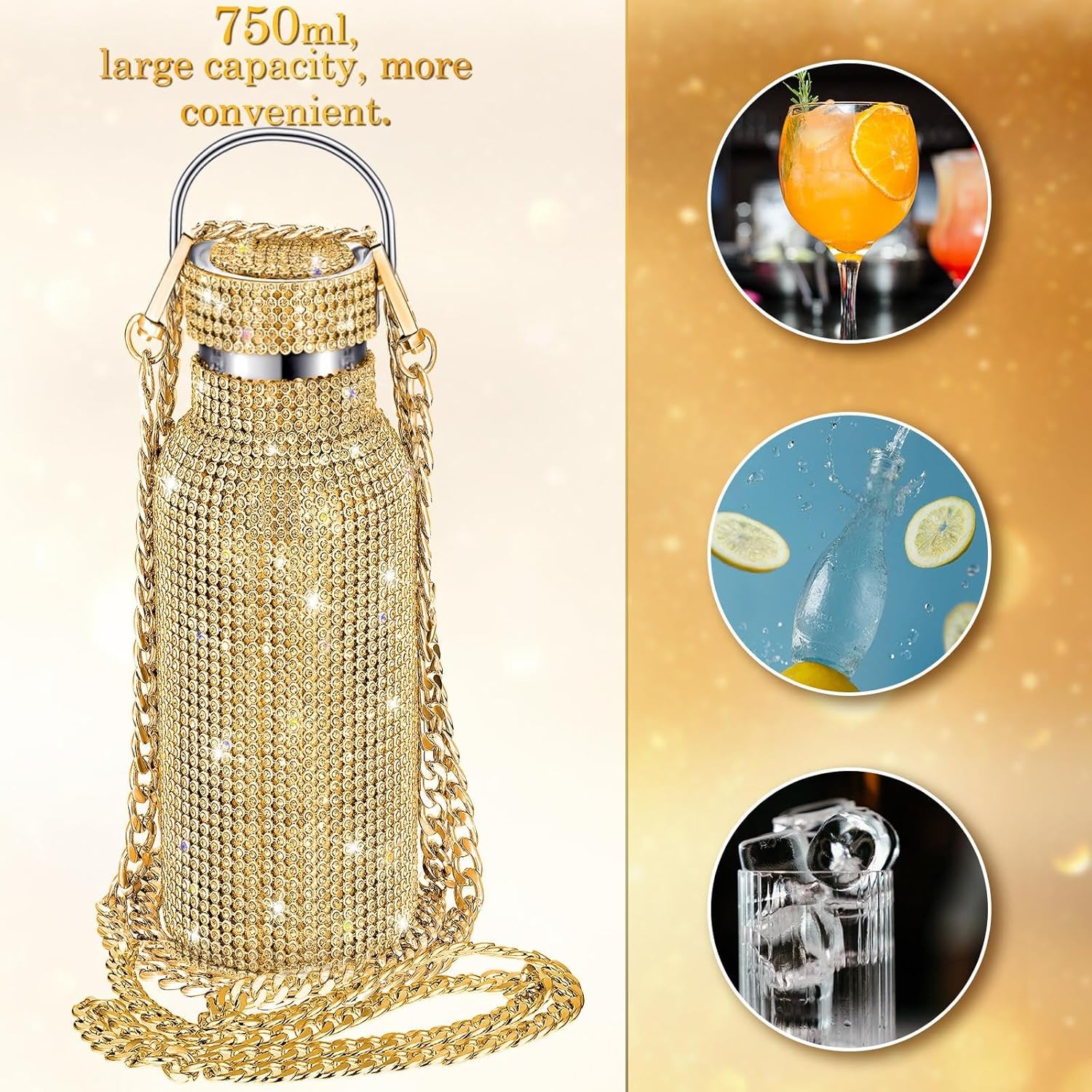 Botella térmica con Glitter de imitación con tapa | 750 ml | Aislado de acero inoxidable con diamantes de imitación de primera calidad | Color: Dorado