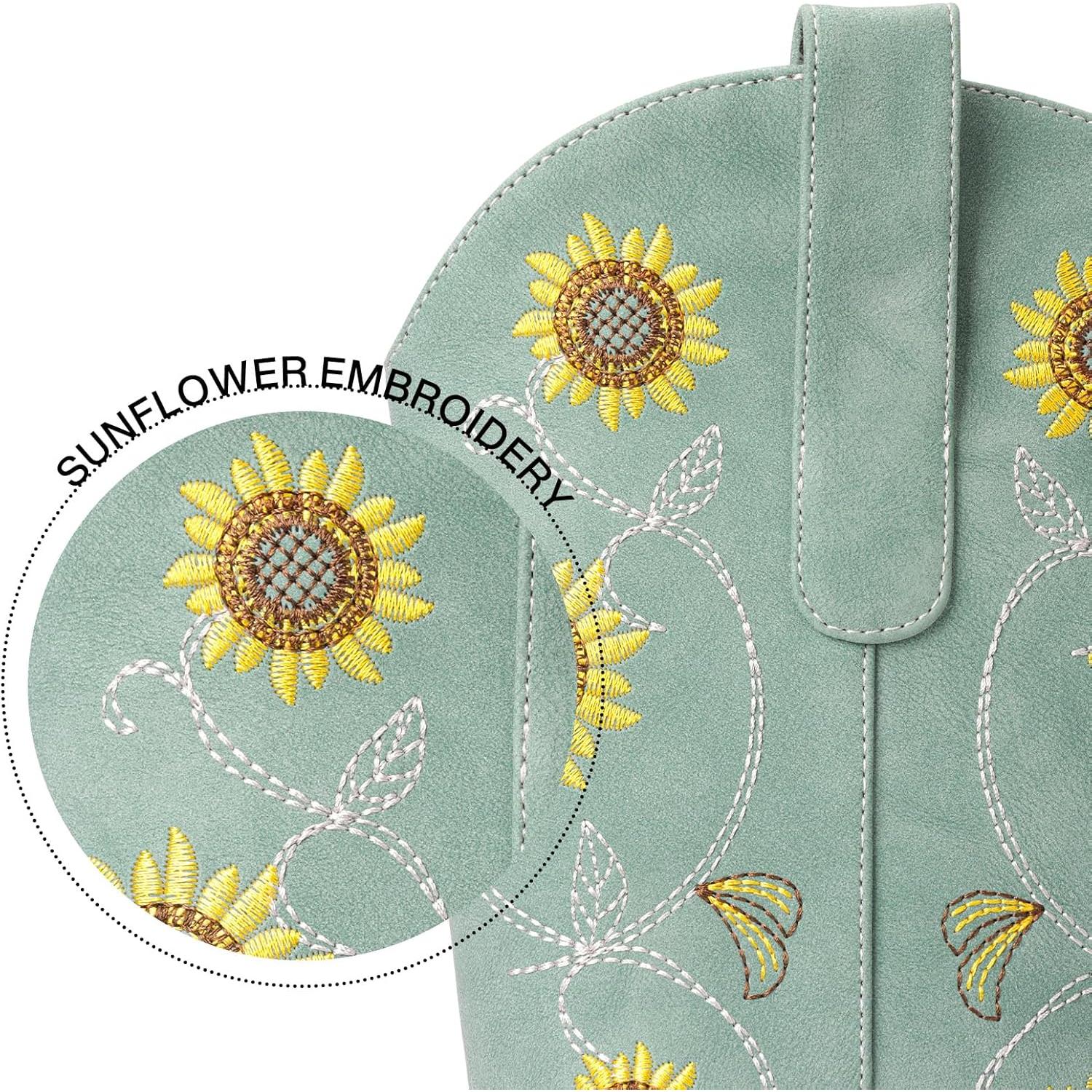 Botas vaqueras de girasol | Media pantorrilla | Bordado floral | Punta cuadrada cosida | Color: Verde