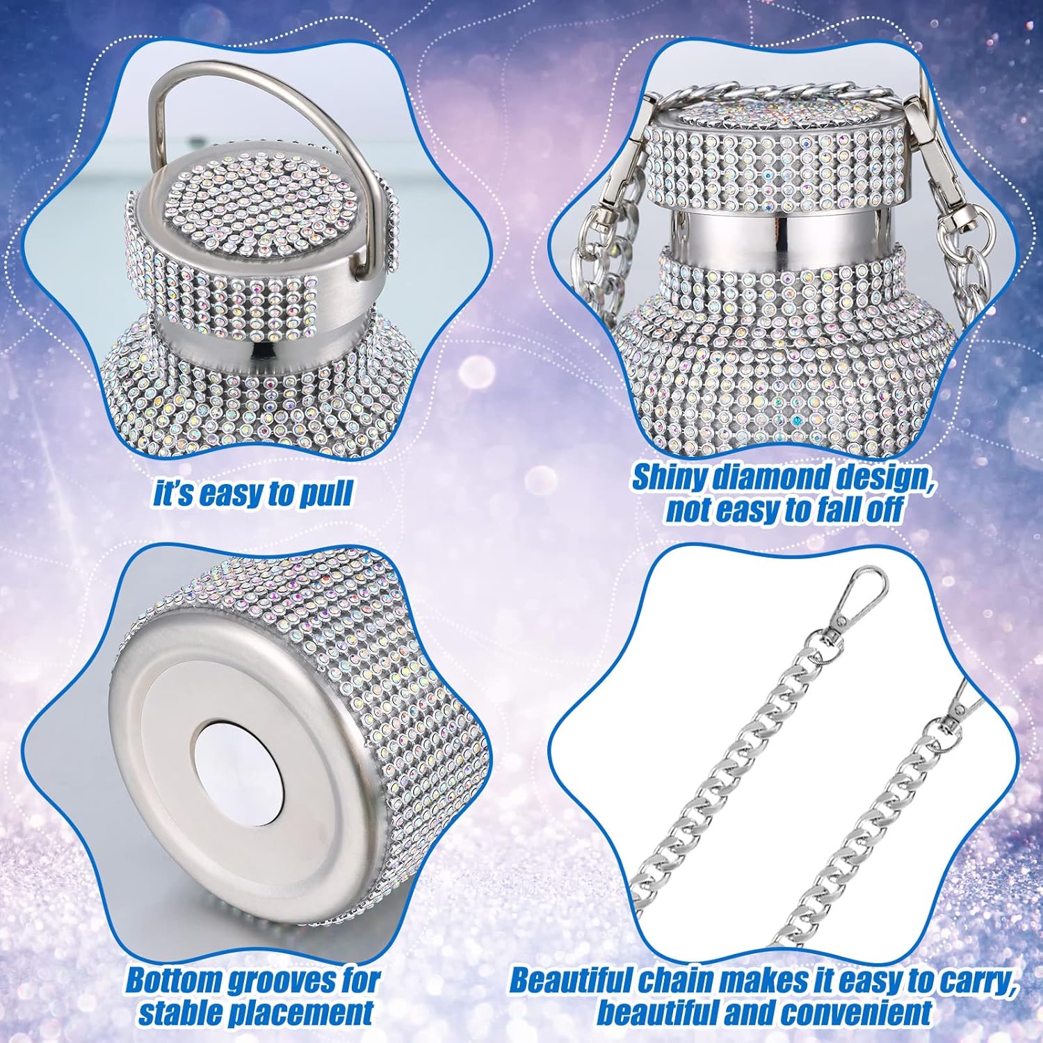 Botella térmica con diamantes de imitación con tapa | 750 ml | Aislado de acero inoxidable con diamantes de imitación de primera calidad | Color: Plata