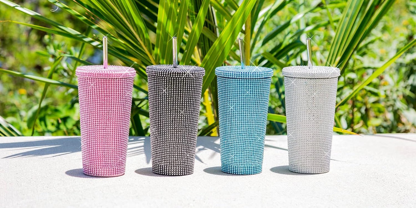 Original Paris Hilton Diamond Bling | Vaso de agua con tapa y popote | Acero inoxidable aislado al vacío | 3700 diamantes de imitación | 500 ml | Color: plateado