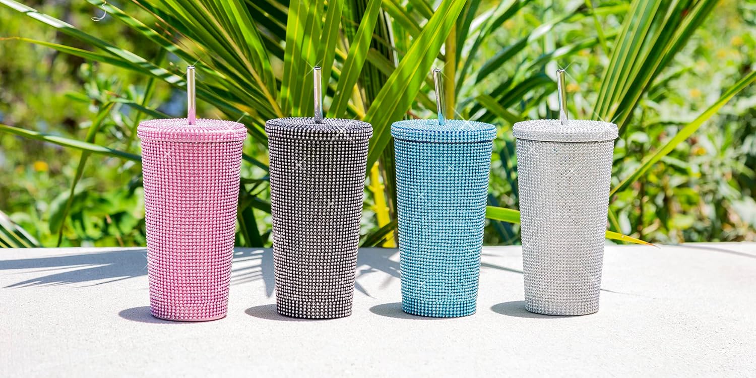 Original Paris Hilton Diamond Bling | Vaso de agua con tapa y popote | Acero inoxidable aislado al vacío | 3700 diamantes de imitación | 500 ml | Color: plateado
