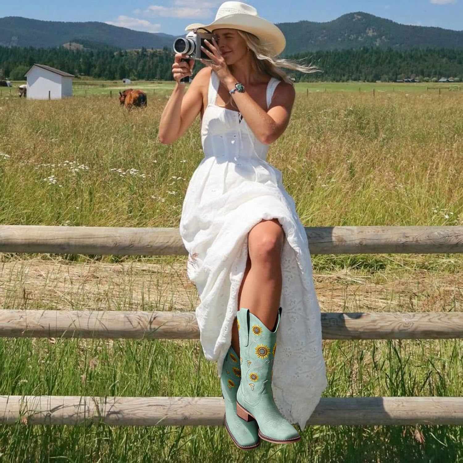 Botas vaqueras de girasol | Media pantorrilla | Bordado floral | Punta cuadrada cosida | Color: Verde