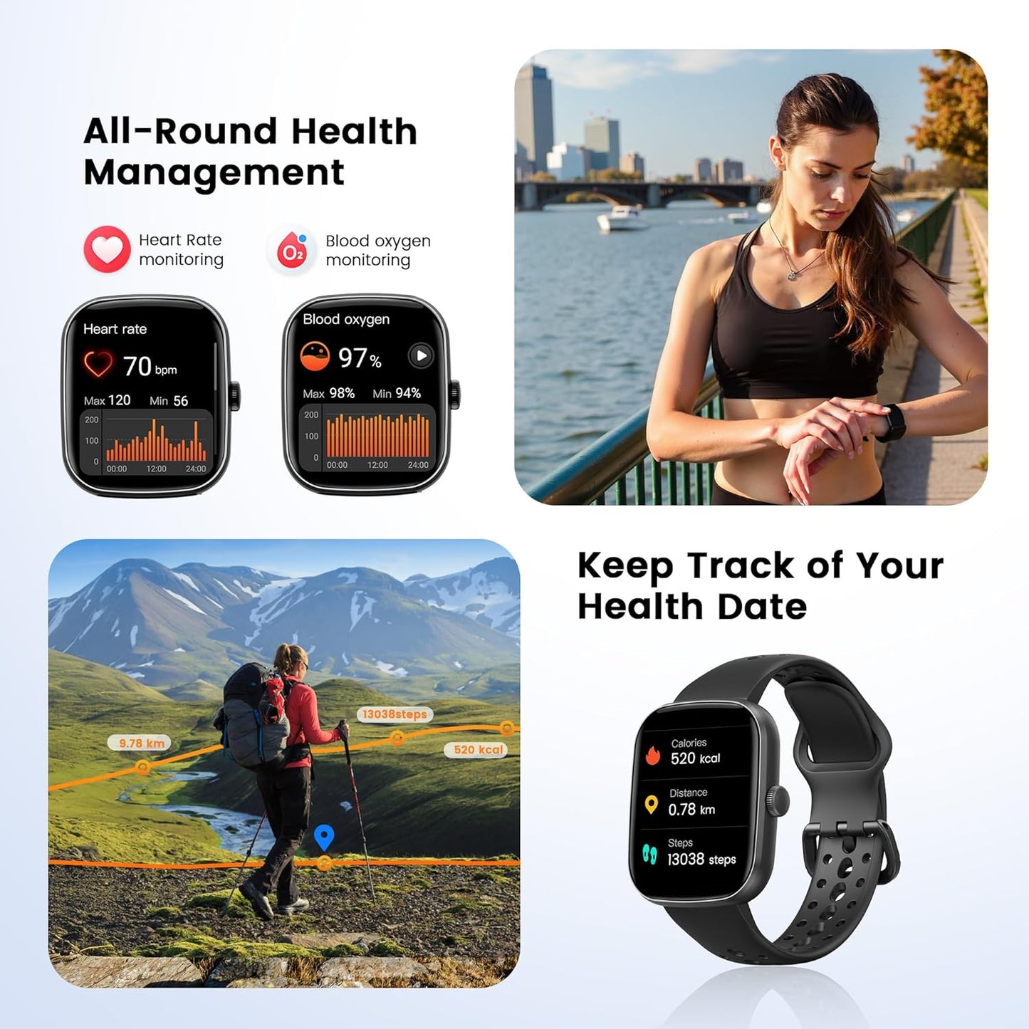 Smartwatch con respuesta de llamada | Reloj inteligente 1.96 pulgadas unisex | Actividad física con monitor de frecuencia cardíaca y sueño | Reloj deportivo | Impermeable | Color: Negro