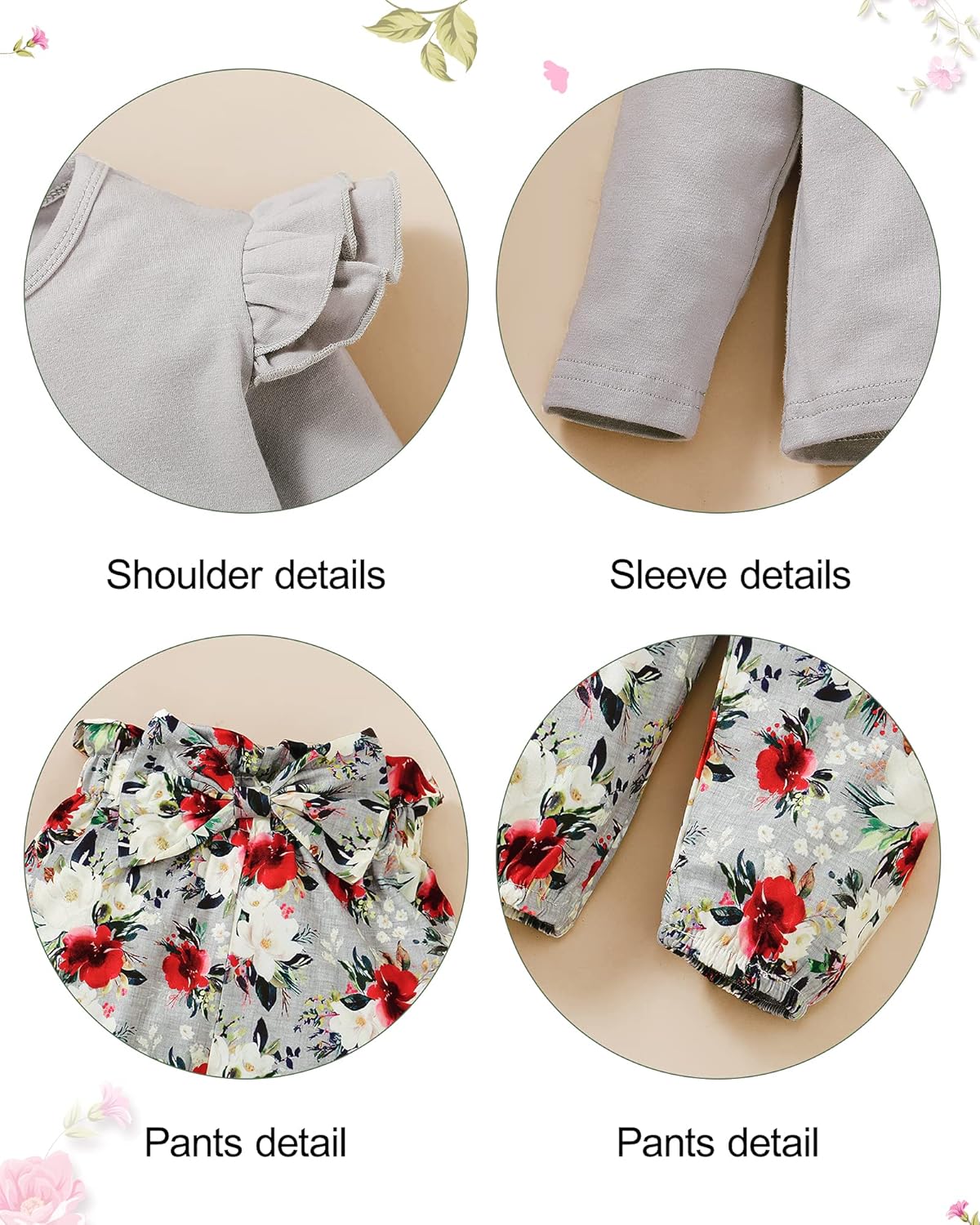 3 piezas de ropa para niña, color liso, manga larga, con volantes, pantalones florales y diadema, 1-6 años, conjunto de otoño/invierno