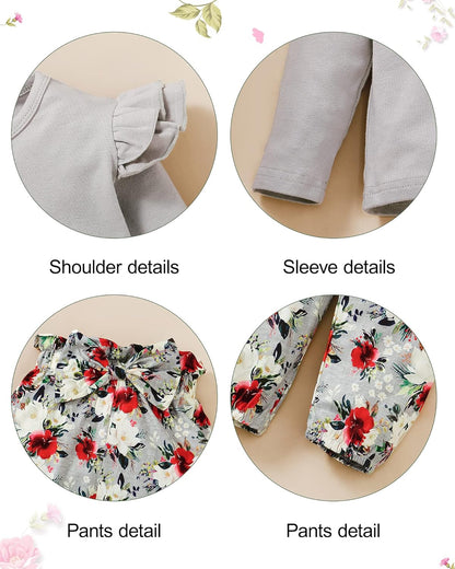 3 piezas de ropa para niña, color liso, manga larga, con volantes, pantalones florales y diadema, 1-6 años, conjunto de otoño/invierno