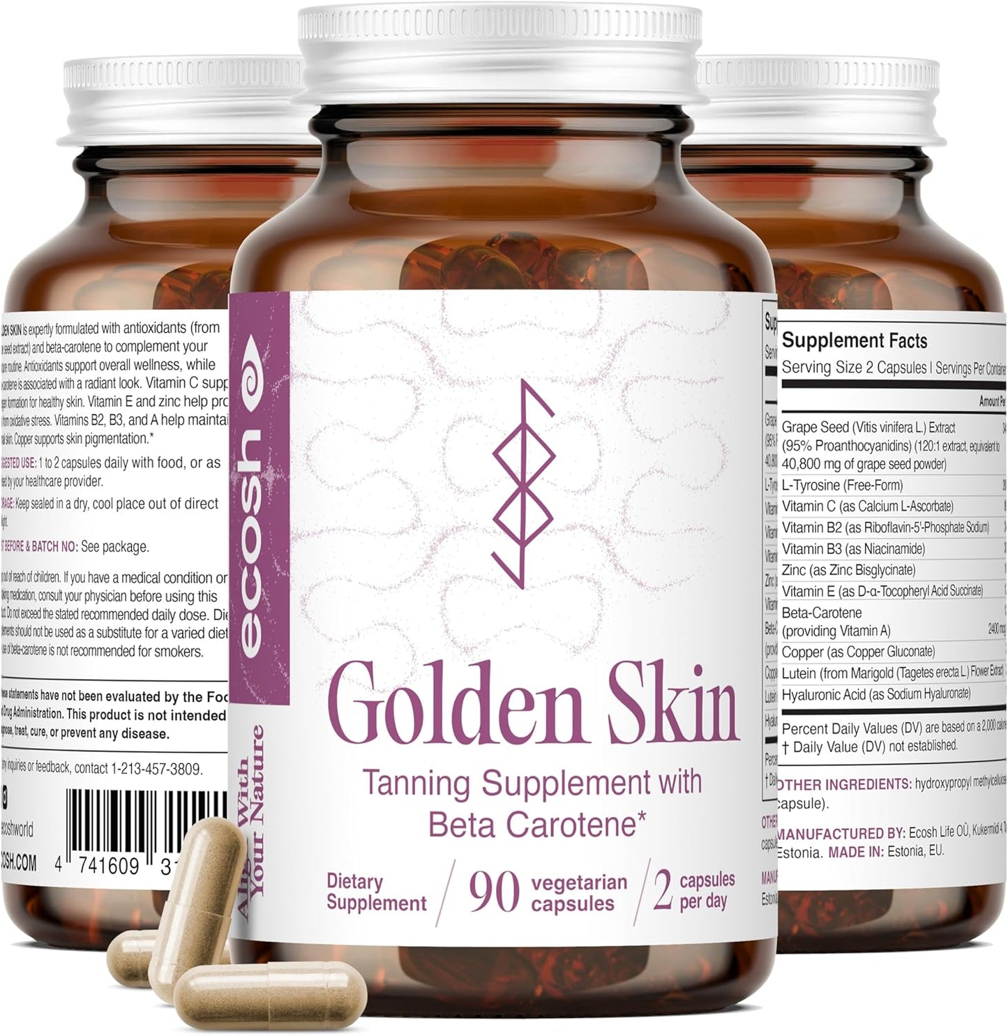 Suplemento bronceado Golden Skin para mujeres y hombres | Potentes píldoras bronceadoras con betacaroteno, luteína y L-tirosina para la salud de la piel | Suplemento antioxidante natural y vitaminas