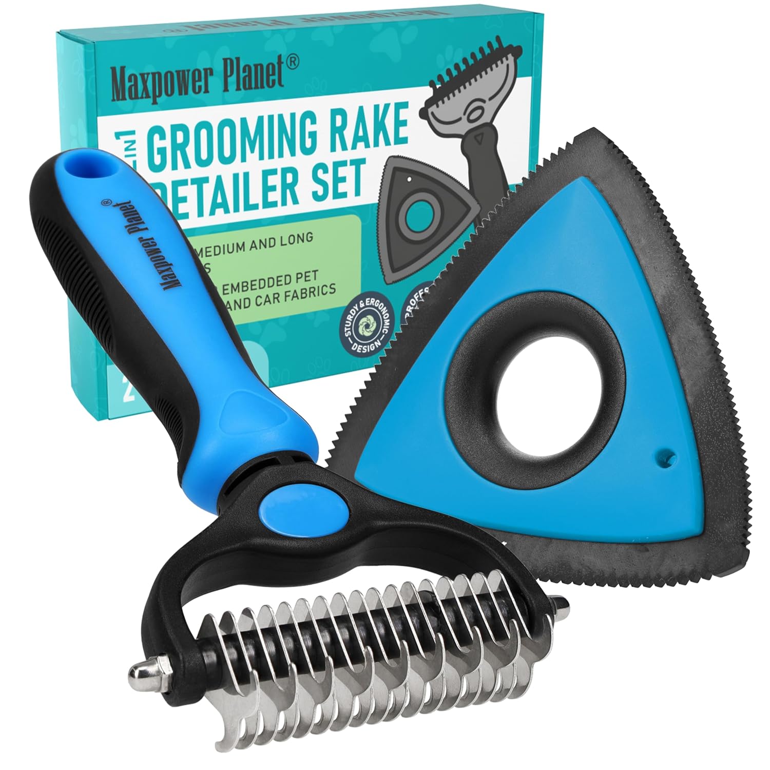 Maxpower Planet Rastrillo de Aseo para Mascotas | Herramienta 2 en 1 Deslanado & Desenredado | Cepillo Profesional para Perros y Gatos de Pelo Largo y Doble Capa – Reduce la Muda hasta un 95%