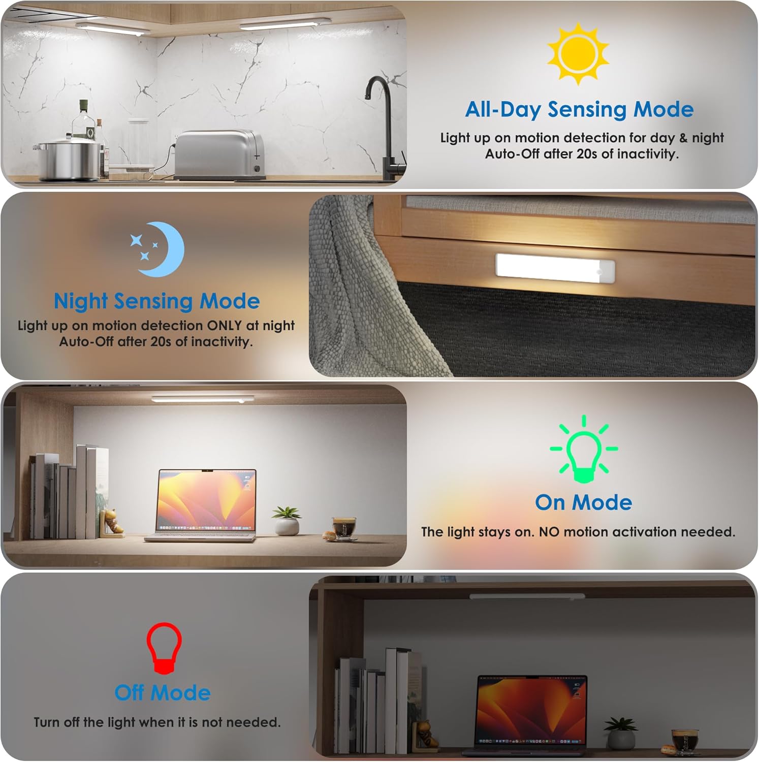Luces LED Bajo Mueble con Sensor de Movimiento Recargables, Pack x2 Magnéticas Stick-On, 22 LEDs, USB-C, Luz Blanca Fría
