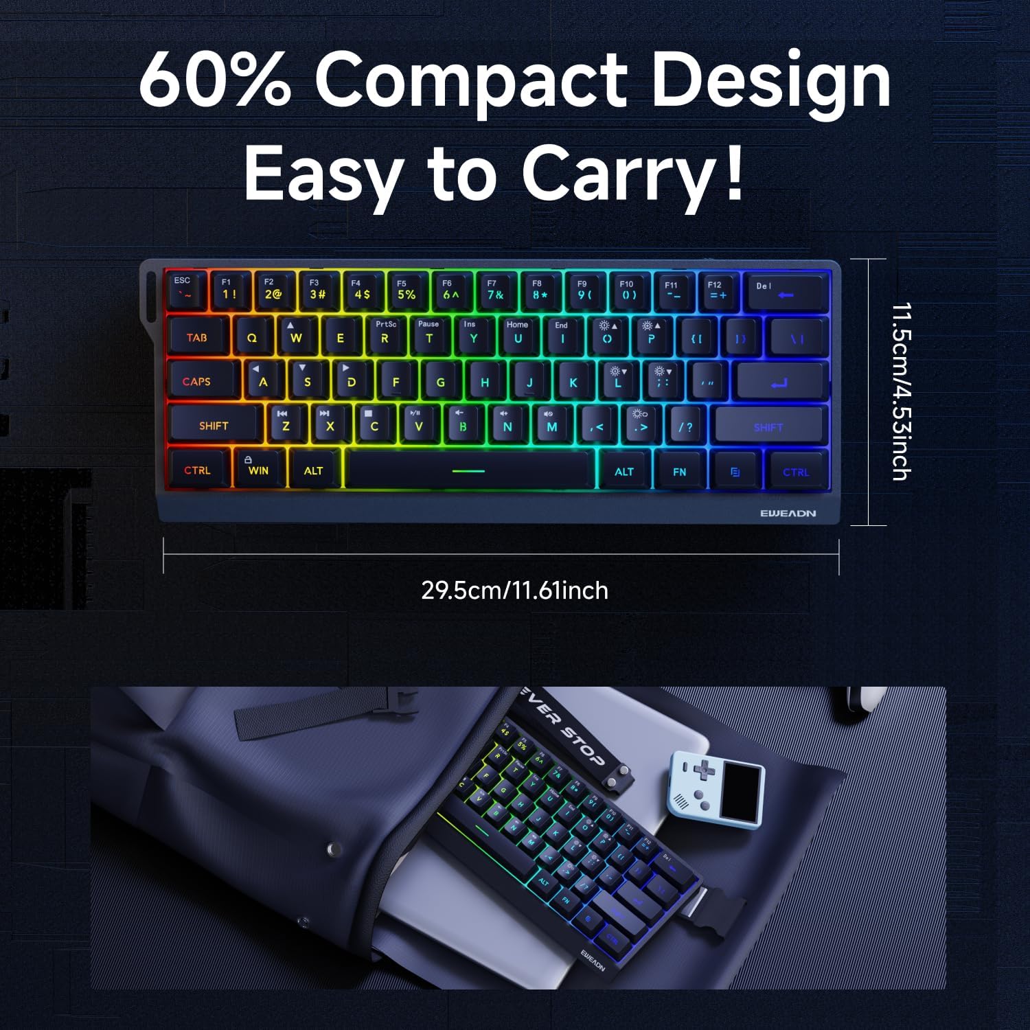 Teclado con cable al 60% | Retroiluminado RGB | Con teclas PBT | Diseño compacto | Con cable con cordón para Mac/Win | Color: Negro