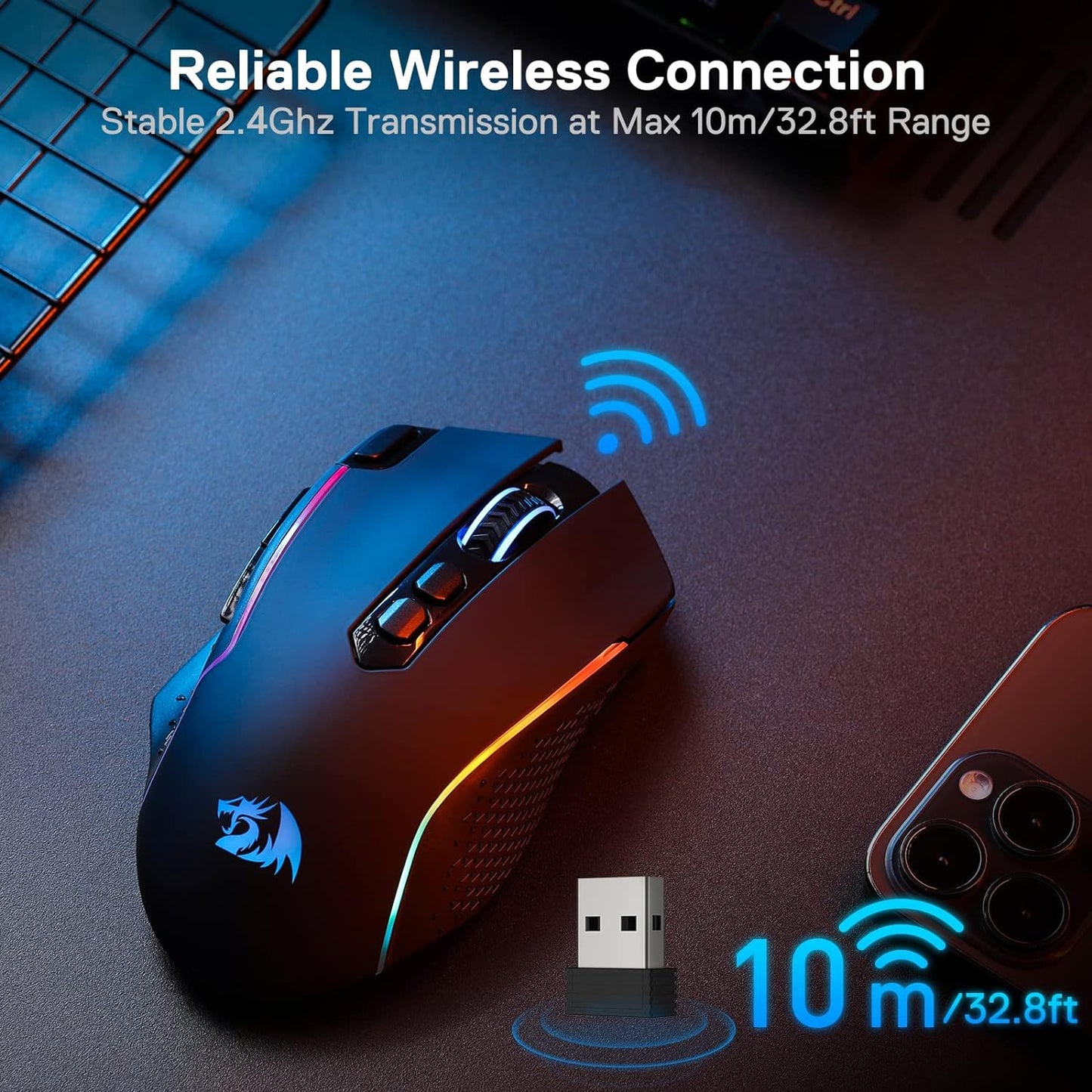 Redragon M810 Pro – Mouse Gaming Inalámbrico y Con Cable, 10,000 DPI, 8 Botones Macro, Rapid Fire, RGB