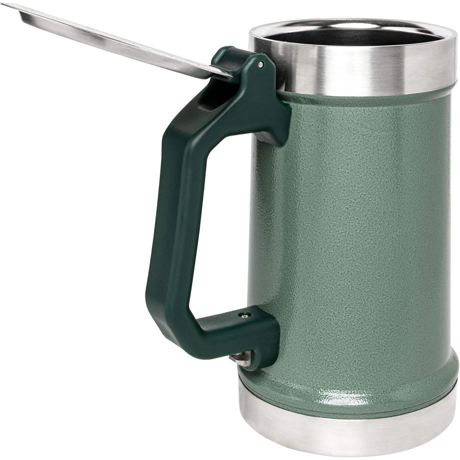 Classic Bottle Opener Beer Stein 24 Oz | Flip up Lid and Heavy Duty Handle with Built in Bottle Opener | Insulated Stainless Steel Beer Mug | Bpa-Free | Hammertone Green