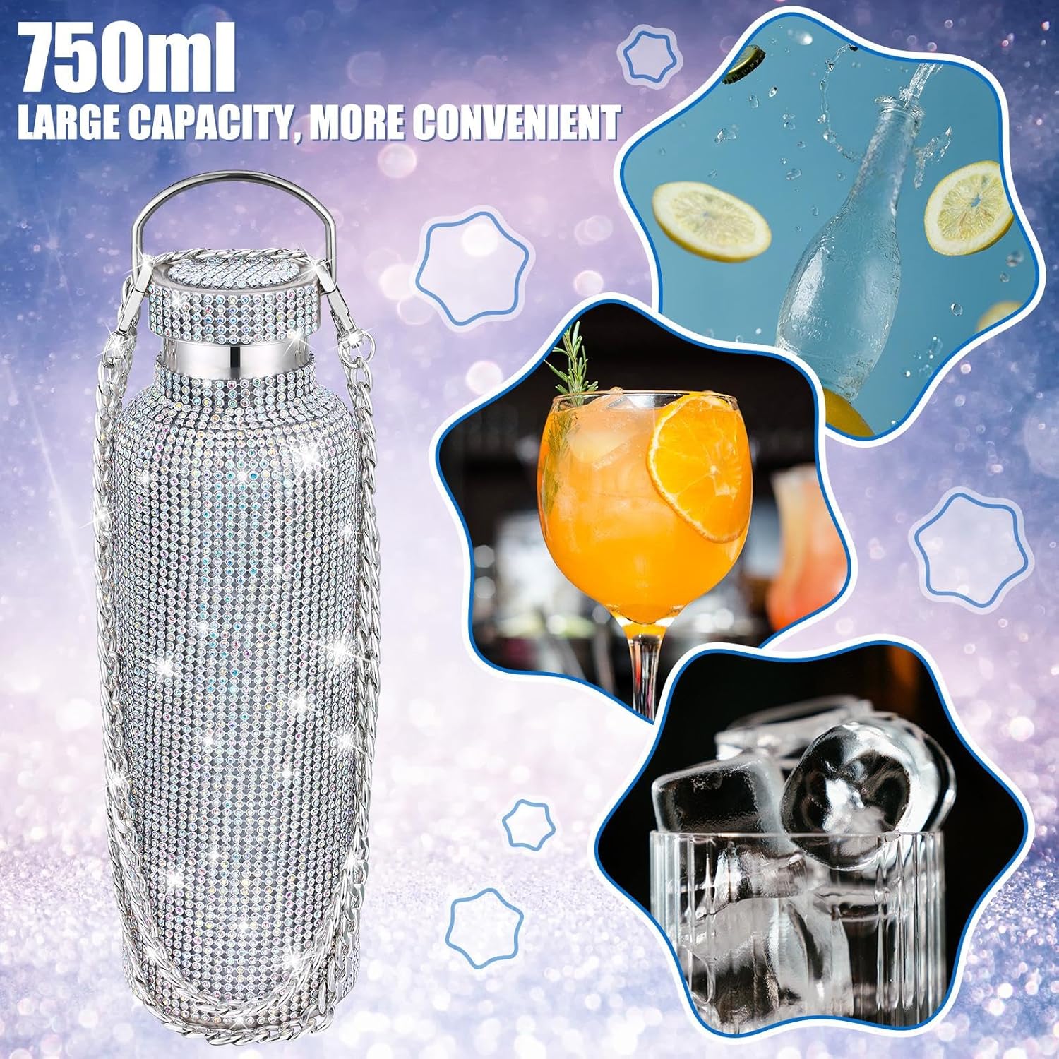 Botella térmica con diamantes de imitación con tapa | 750 ml | Aislado de acero inoxidable con diamantes de imitación de primera calidad | Color: Plata