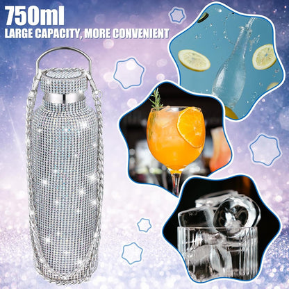 Botella térmica con diamantes de imitación con tapa | 750 ml | Aislado de acero inoxidable con diamantes de imitación de primera calidad | Color: Plata