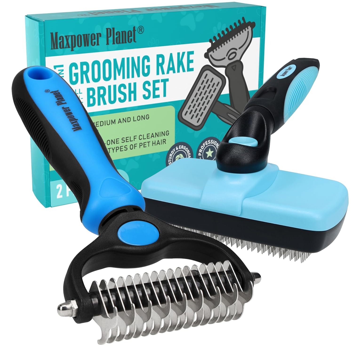 Maxpower Planet Rastrillo de Aseo para Mascotas | Herramienta 2 en 1 Deslanado & Desenredado | Cepillo Profesional para Perros y Gatos de Pelo Largo y Doble Capa – Reduce la Muda hasta un 95%