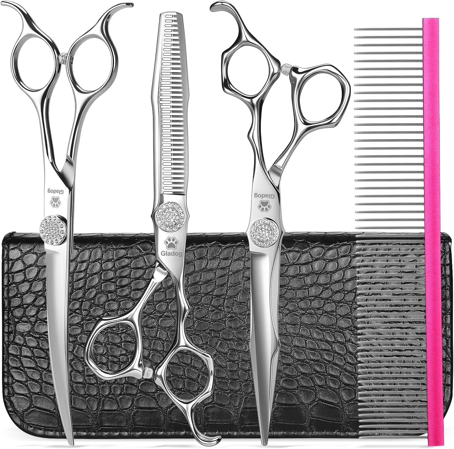 GLADOG Kit Tijeras de Grooming 5 en 1 para Perros y Gatos | Tijeras de Acero Inoxidable con Puntas Redondeadas + Peine y Estuche