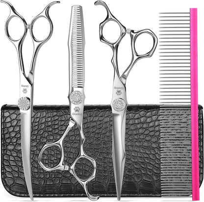 GLADOG Kit Tijeras de Grooming 5 en 1 para Perros y Gatos | Tijeras de Acero Inoxidable con Puntas Redondeadas + Peine y Estuche