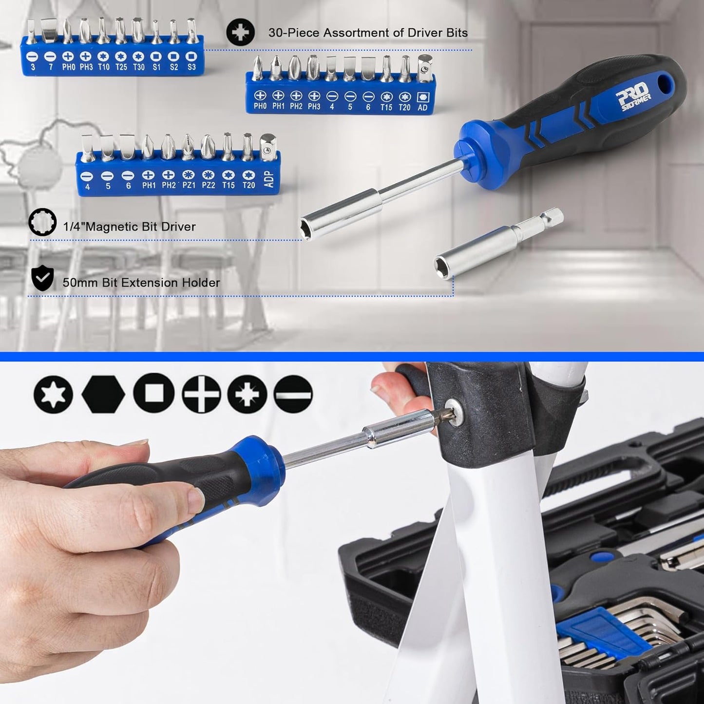 Juego de Herramientas Prostormer 160 Piezas – Kit de Mano para Reparaciones del Hogar con Maletín – Herramientas Resistentes de Acero para Casa, Garaje, Oficina y Dormitorio (Azul)