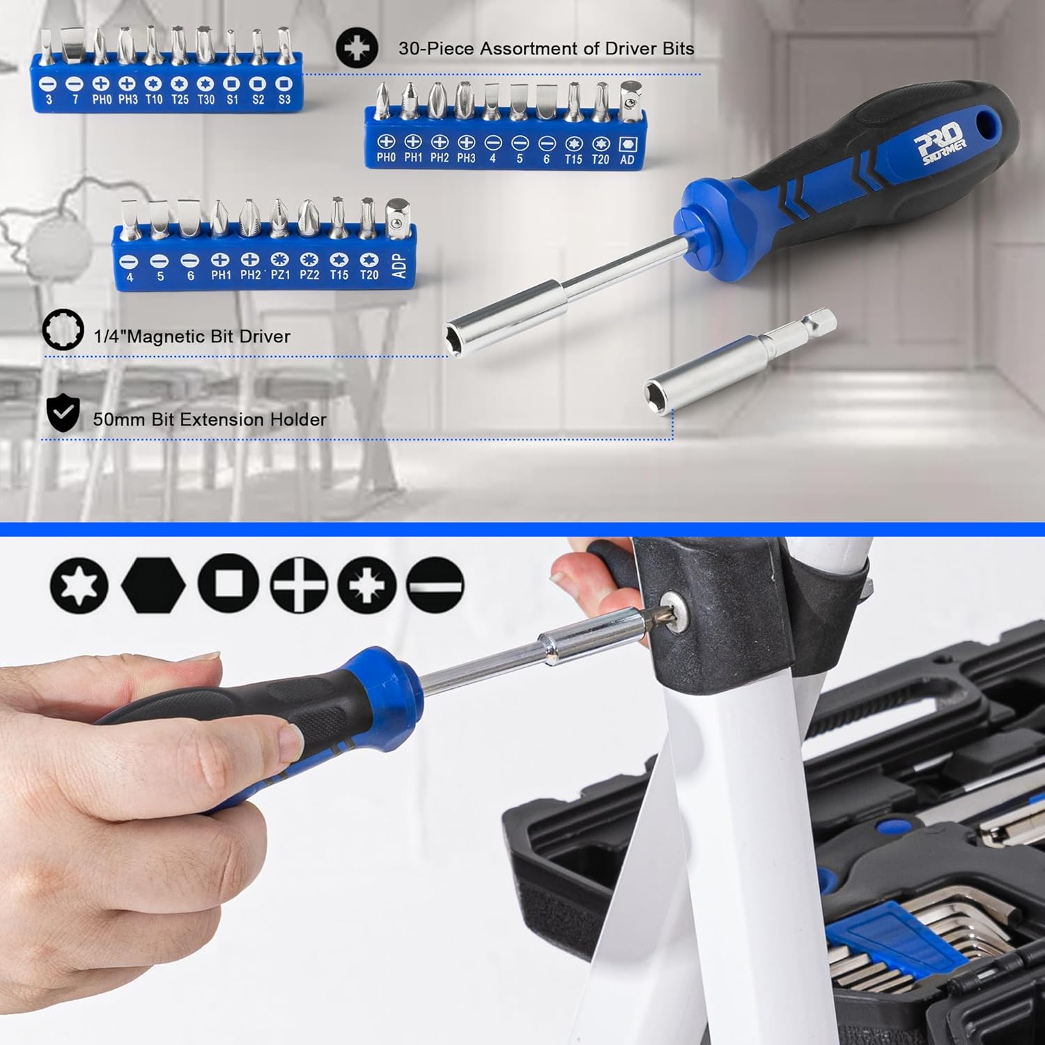 Juego de Herramientas Prostormer 160 Piezas – Kit de Mano para Reparaciones del Hogar con Maletín – Herramientas Resistentes de Acero para Casa, Garaje, Oficina y Dormitorio (Azul)
