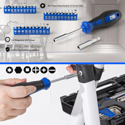 Juego de Herramientas Prostormer 160 Piezas – Kit de Mano para Reparaciones del Hogar con Maletín – Herramientas Resistentes de Acero para Casa, Garaje, Oficina y Dormitorio (Azul)