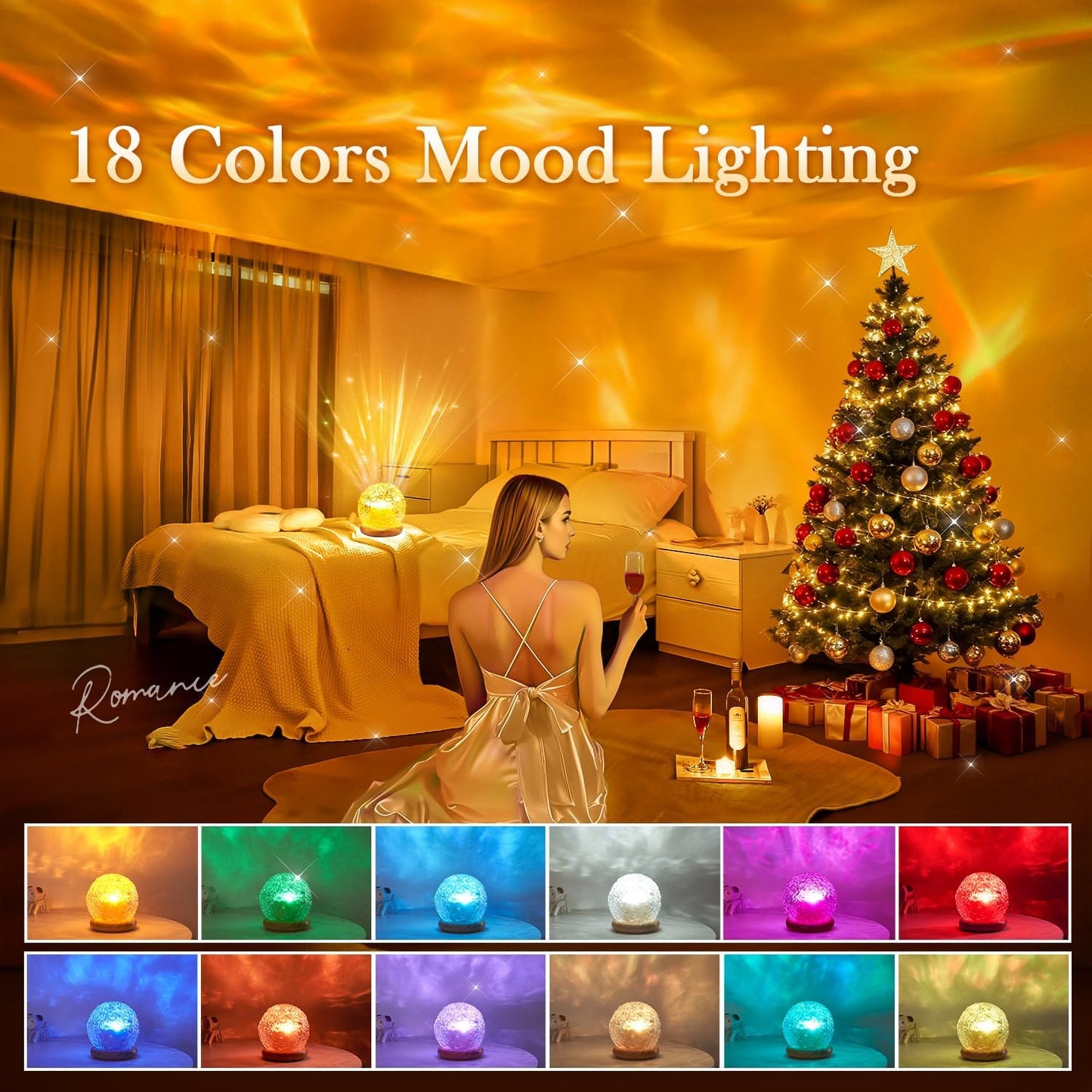 Lámpara de cristal de iluminación ambiental | Proyector de luz de 18 colores | Luz nocturna regulable | Iluminación ambiental | Decoración estética