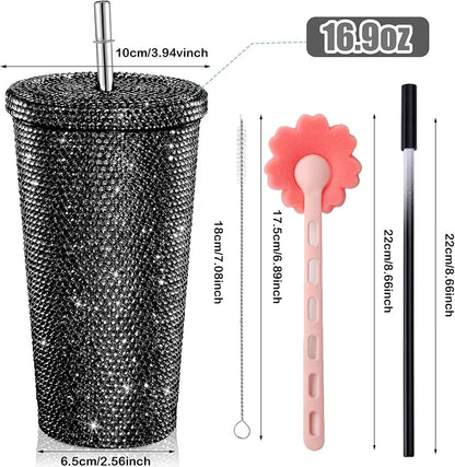 Vaso térmico con diamantes de imitación con tapa | 500 ml | Aislado de acero inoxidable con diamantes de imitación de primera calidad | Color: Negro