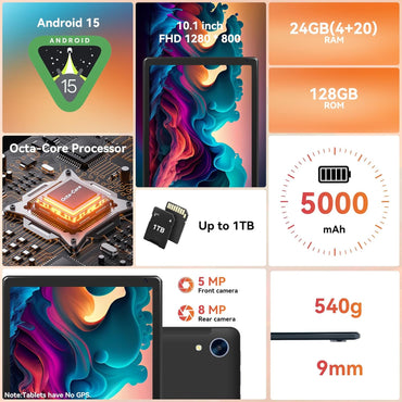 Tablet Android 10.1" Octa-Core, 24 GB RAM (4+20) + 128 GB, Wi-Fi 6, BT 5.0, Pantalla IPS HD, Batería 8 h | Android 15 (2025) – URAO