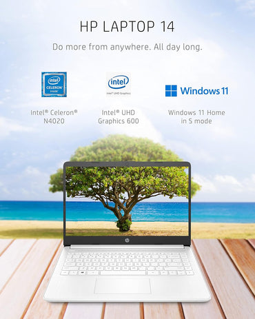 HP Computadora portátil 14, Intel Celeron N4020, 4 GB de RAM, 64 GB de almacenamiento, pantalla HD de microborde de 14 pulgadas, Windows 11 Home, delgada y portátil, gráficos 4K, un año de Microsoft