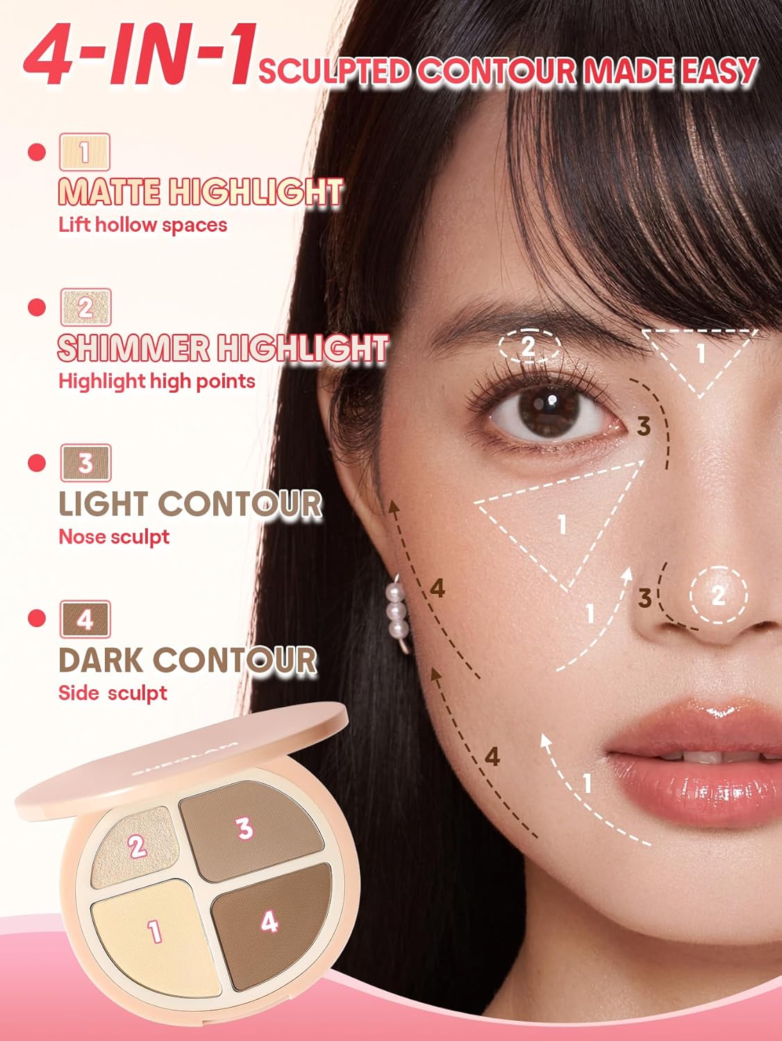 Paleta de resaltado y contorno de 4 tonos 2 en 1 | Iluminador facial y bronceador de contorno mate | cálido