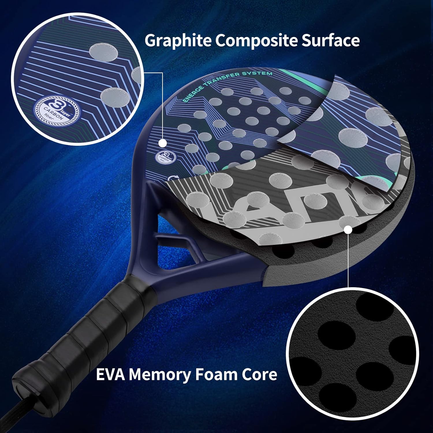 Padel Racket Carbon Fiber Surface with EVA Memory Flex Foam Core Lightweight Padel Racquet
